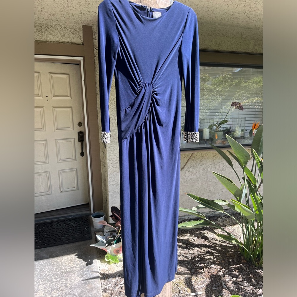 Vince Camuto Navy long gown,  front rouched, long sleeve with rhinestone cuff S2